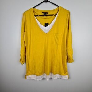 STYLE & Co Women's White‎ Hem Rouched Sleeve Top Undershirt M V-Neck Yellow